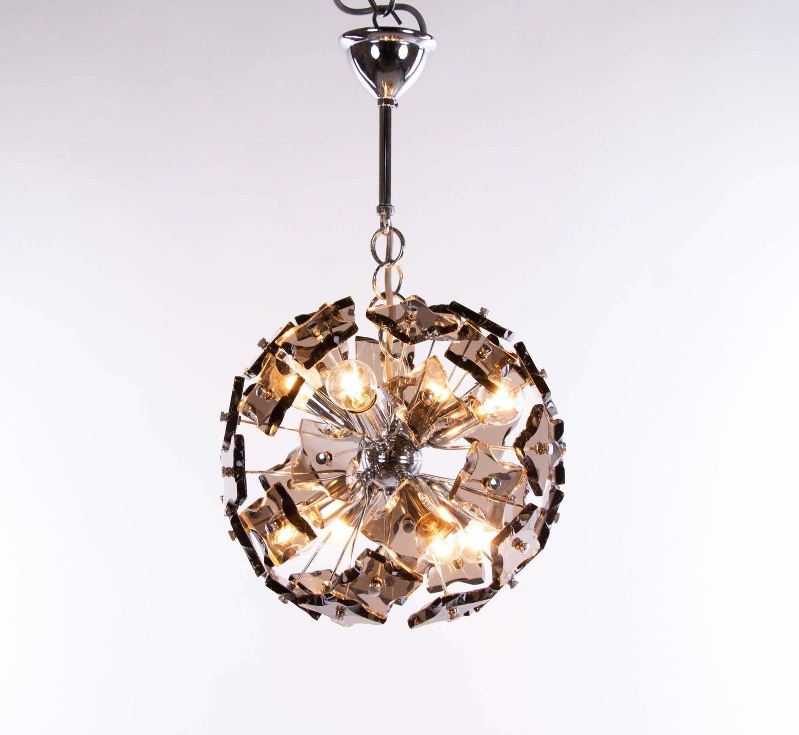 1 (Of 2) 1960 Italy Fontana Arte Sputnik Chandelier Smoked Murano Glass & Chrome photo Lighting