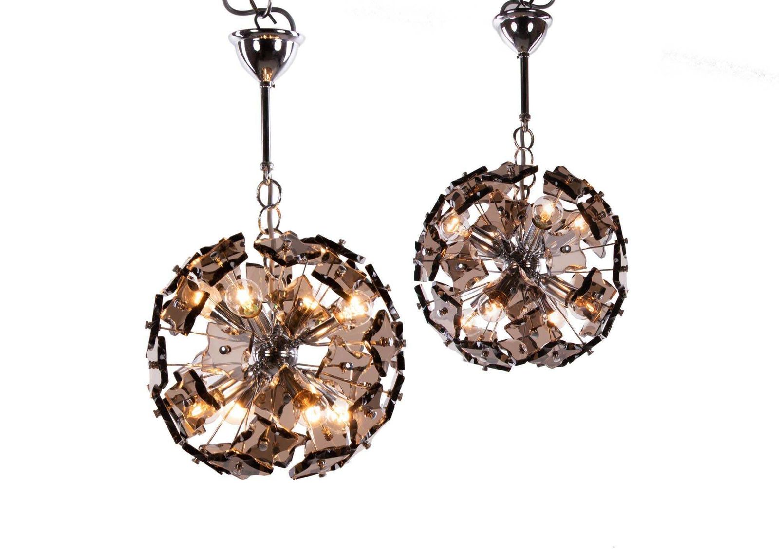 1 (Of 2) 1960 Italy Fontana Arte Sputnik Chandelier Smoked Murano Glass & Chrome photo vinterior