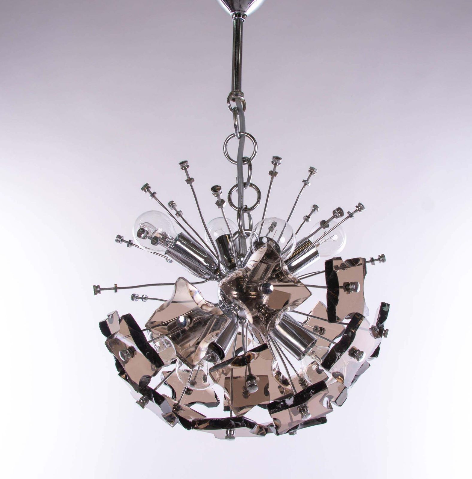photo for sale 1 (Of 2) 1960 Italy Fontana Arte Sputnik Chandelier Smoked Murano Glass & Chrome