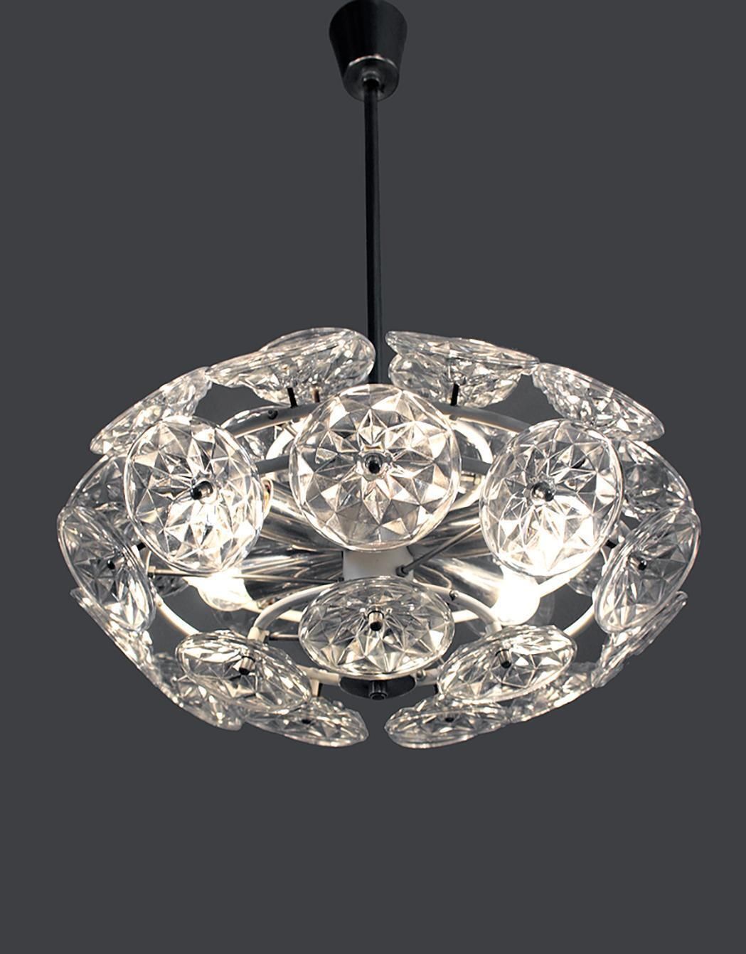 Orbit Sputnik Chandelier Glass & Chrome By Veb Lighting Hellerau, Germany 1960s photo for sale