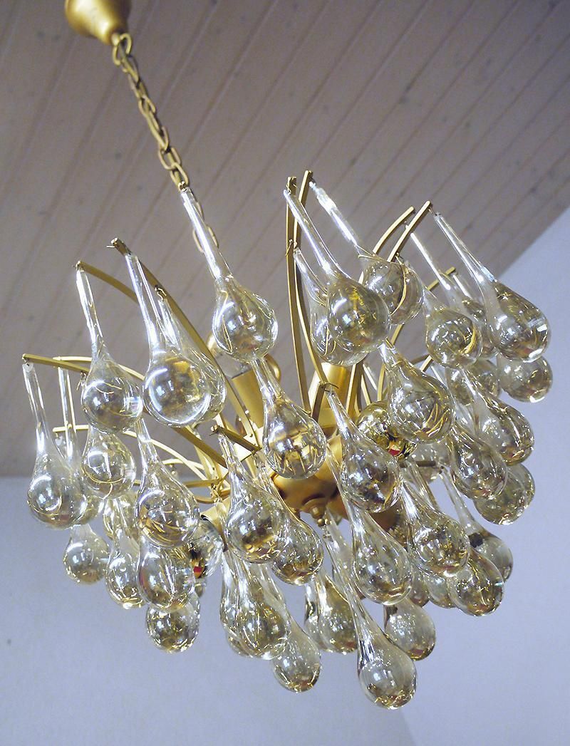 1 'Of 2' 1970 Germany Palwa Tear Drop Chandelier Murano Glass And Brass photo for sale