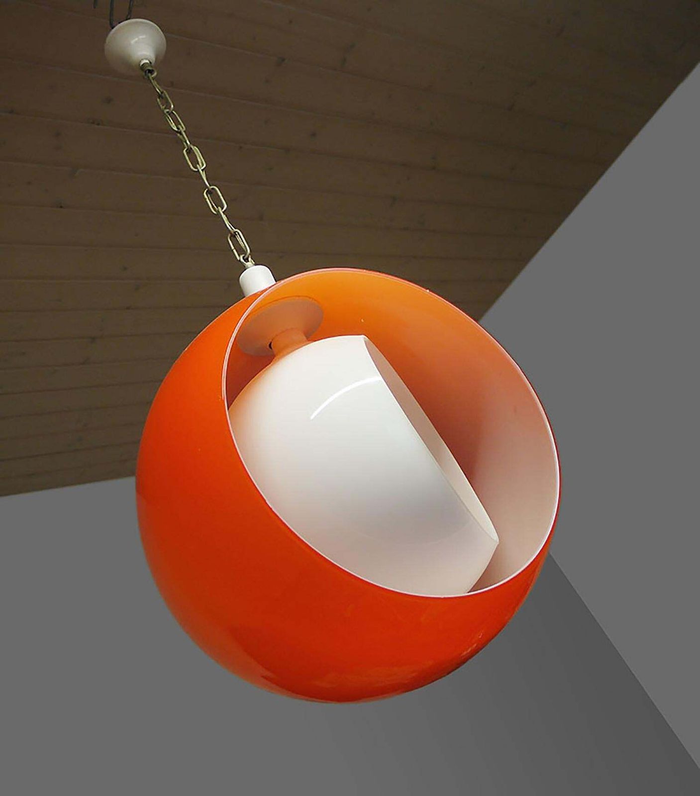 photo for sale Murano Moon Pendant Lamp Orange & White Glass By Carlo Nason For Mazzega 1960s