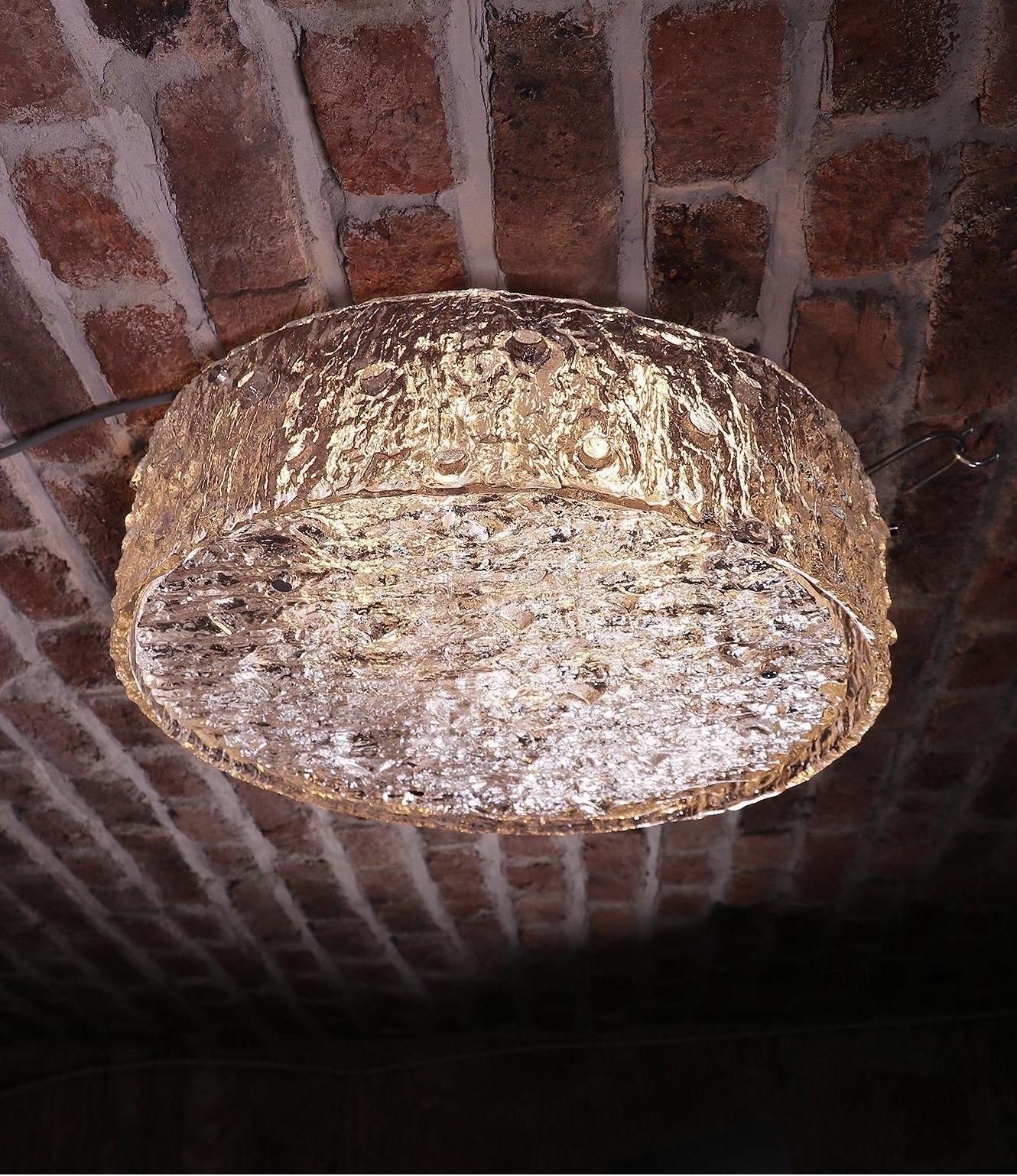 Large 20" Flush Mount Chandelier Iced Murano Glass By Doria, Germany, 1960s photo for sale