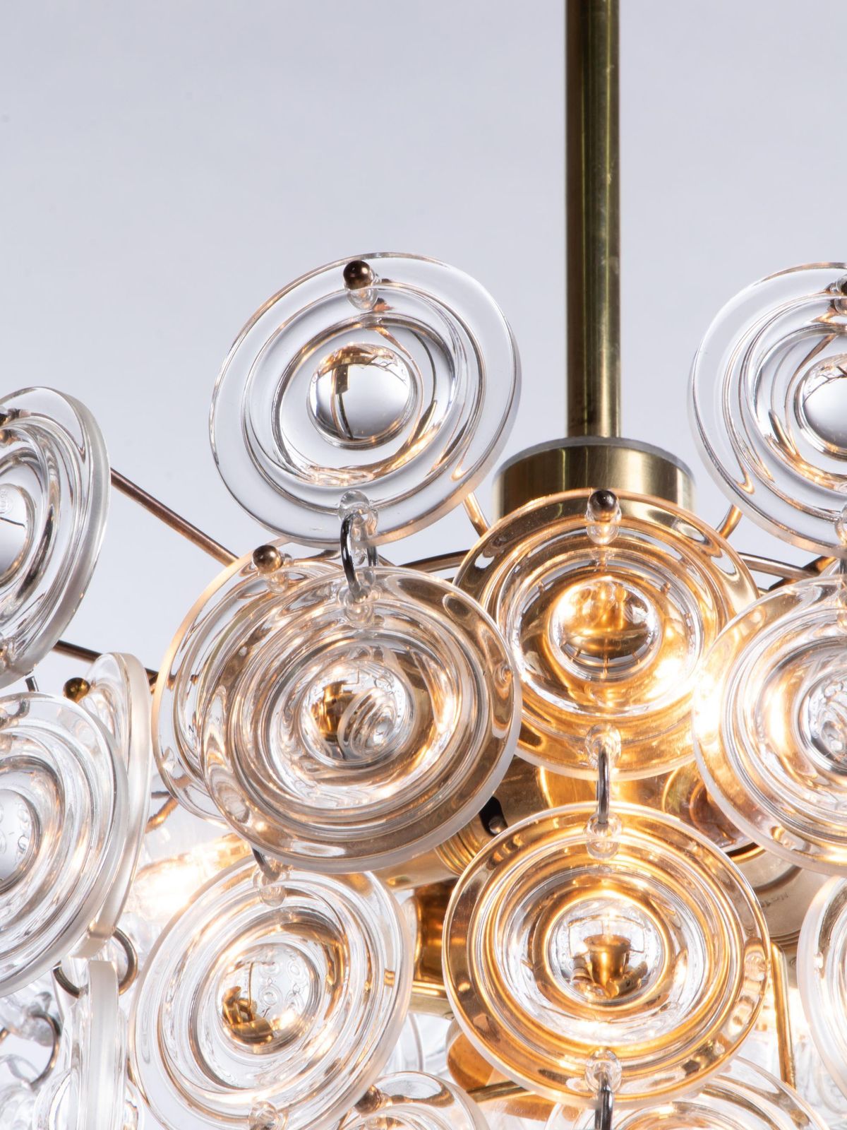 1960 Italy Gaetano Sciolari Chandelier Crystal Lens & Brass photo for sale