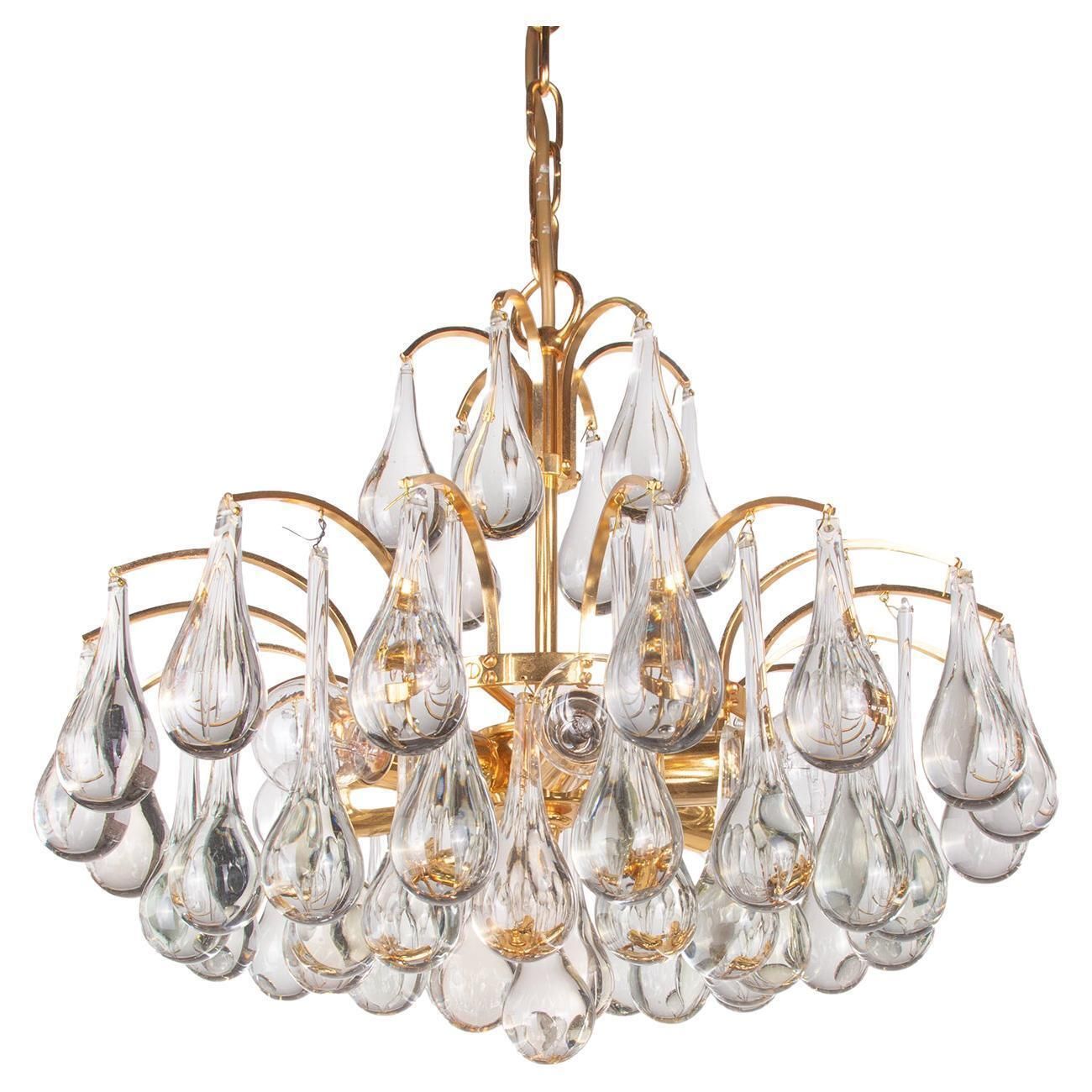 Palwa Teardrops Chandelier Murano Glass  & Gilt Brass, Germany, 1960s