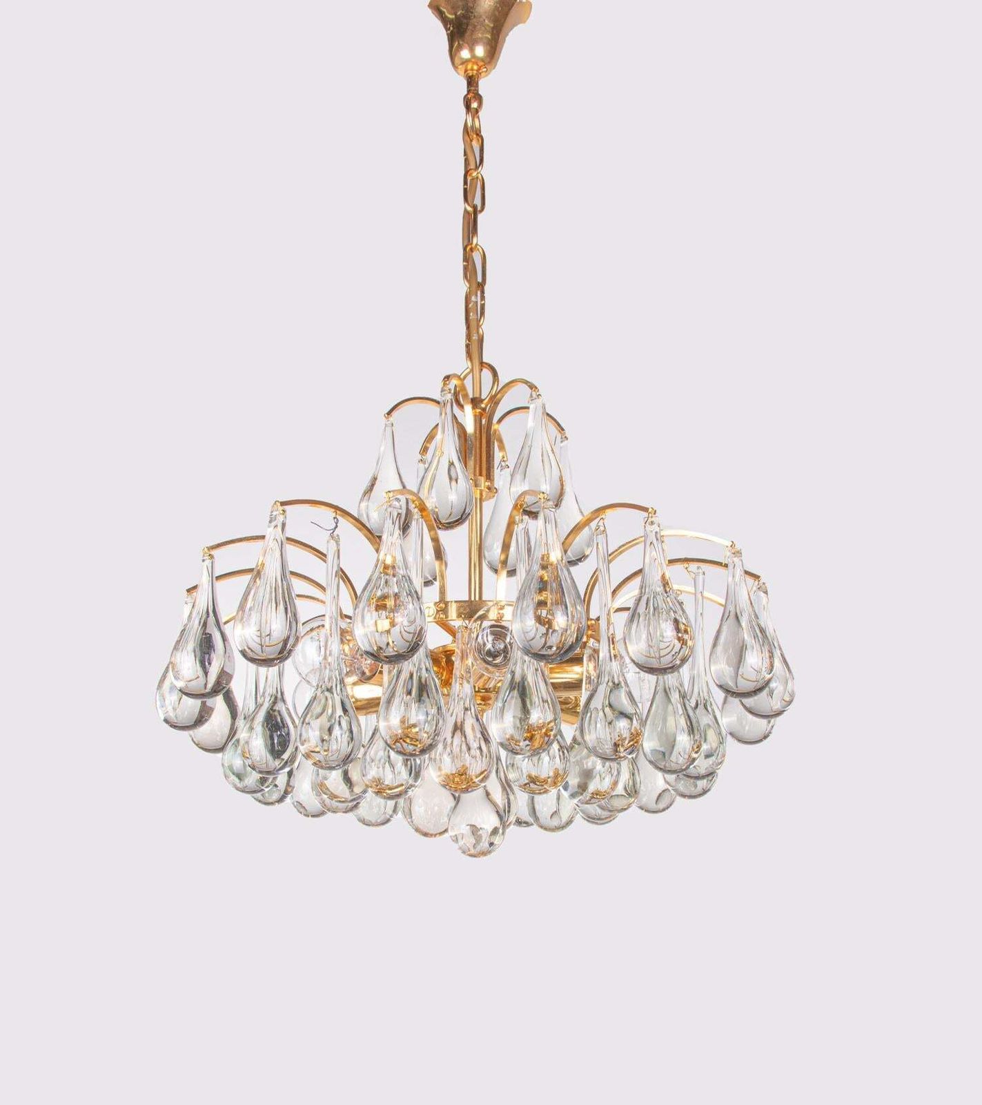 Palwa Teardrops Chandelier Murano Glass  & Gilt Brass, Germany, 1960s photo vinterior
