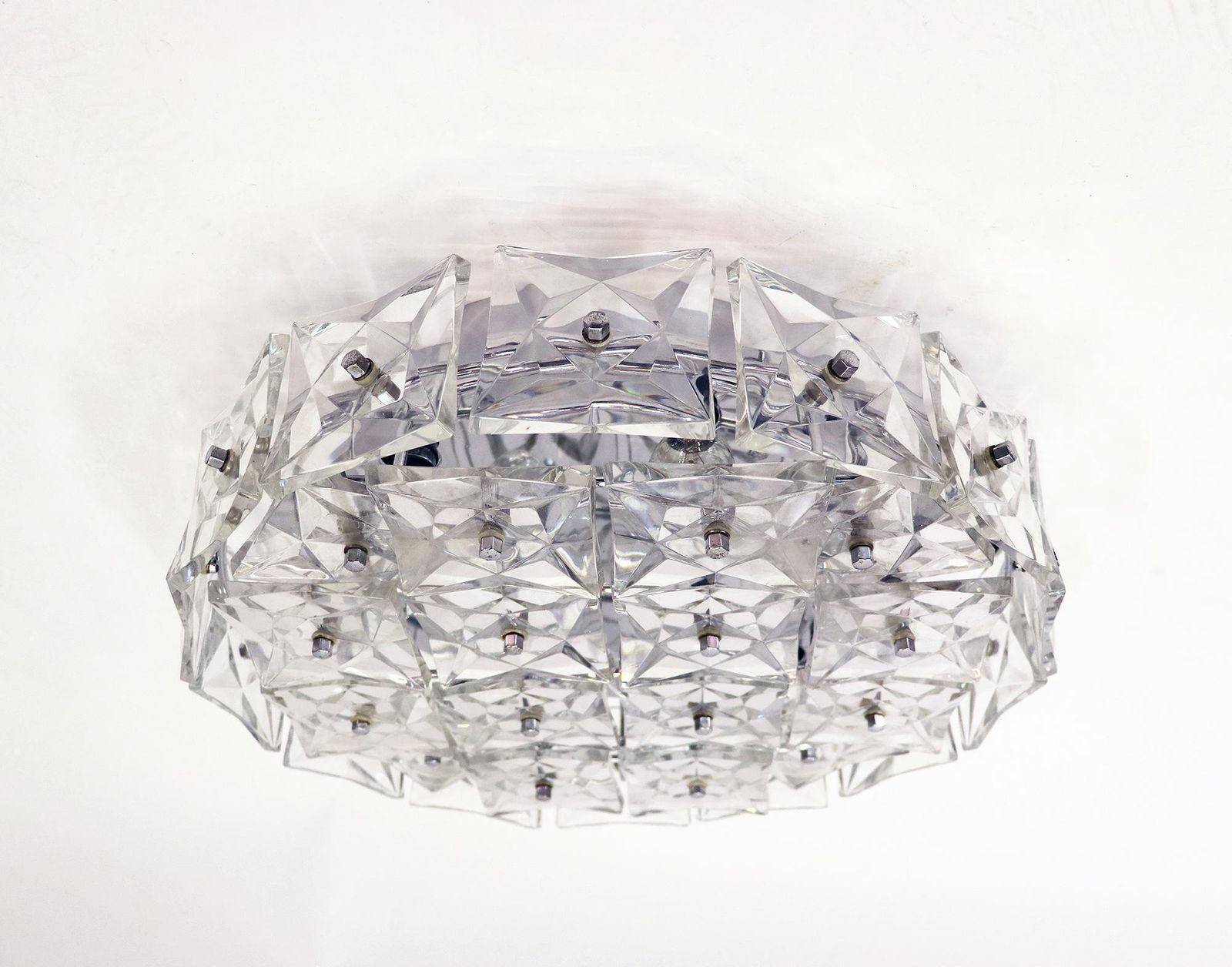 1 'Of 2' Large Flush Mount Chandelier Crystal & Chrome By Kinkeldey Germany 1960 photo furniture