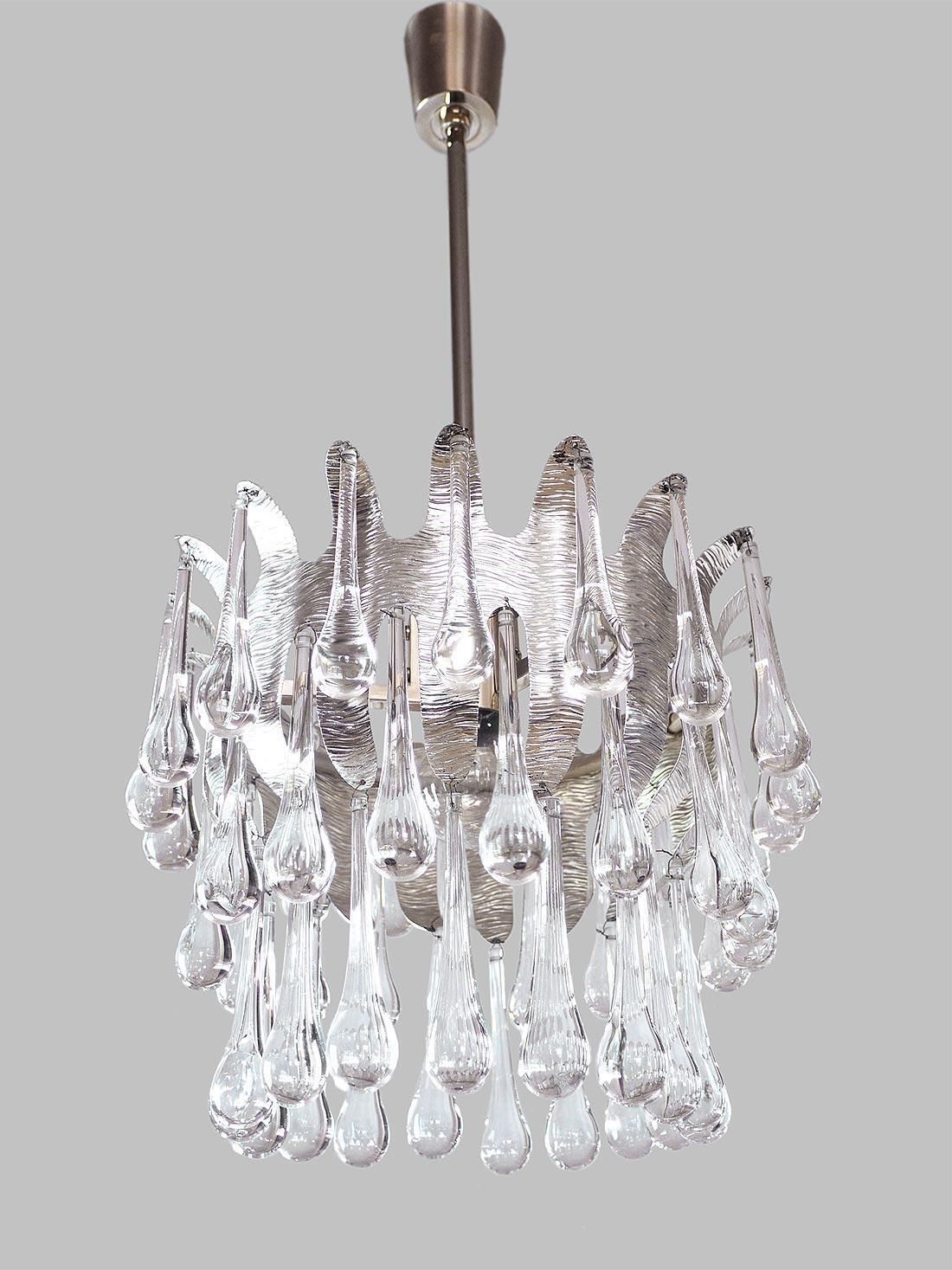 1970 Germany Palwa Tear Drop Chandelier Murano Glass And Silver Brass photo for sale