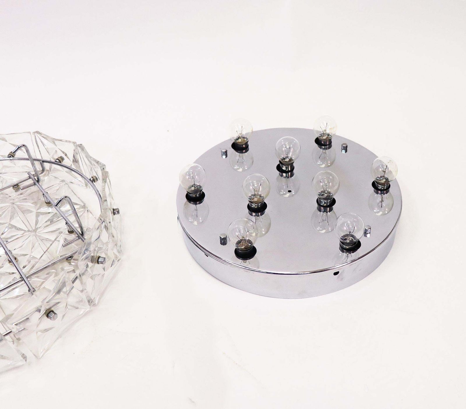 1 'Of 2' Large Flush Mount Chandelier Crystal & Chrome By Kinkeldey Germany 1960 photo vinterior