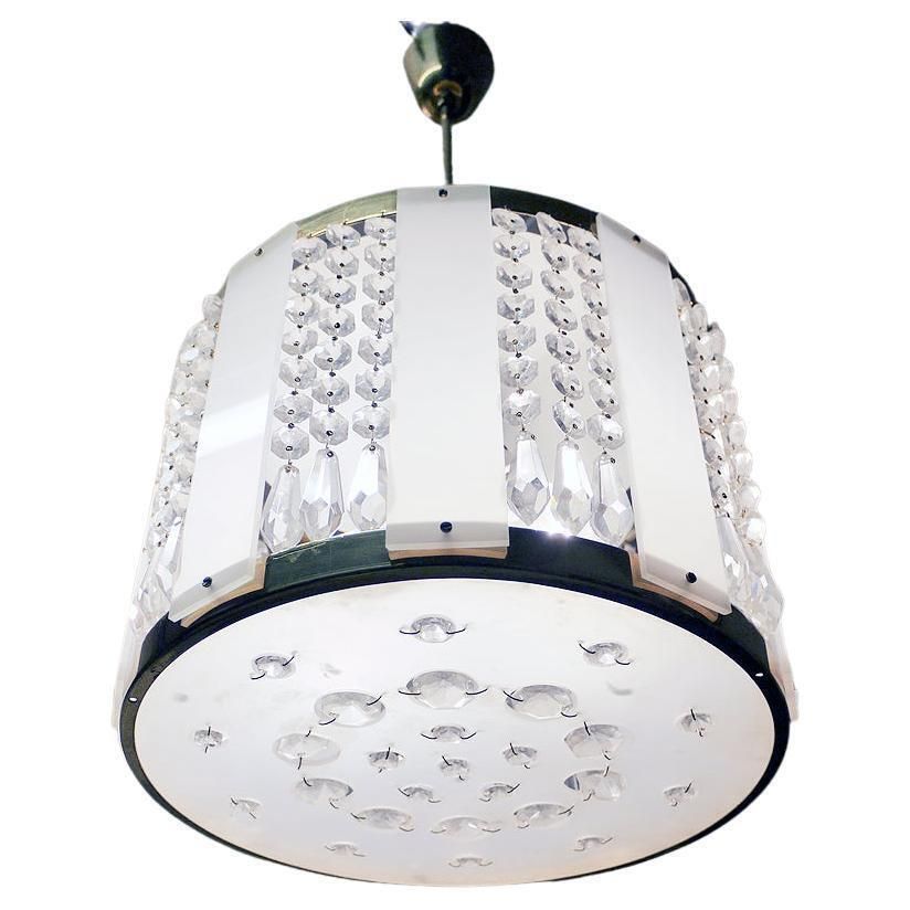 1960s Drum Chandelier Crystal, Brass And White Lucite In The Manner Of Stilnovo