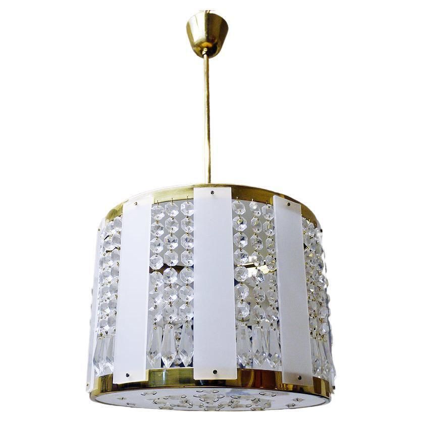 1960s Drum Chandelier Crystal, Brass And White Lucite In The Manner Of Stilnovo photo furniture