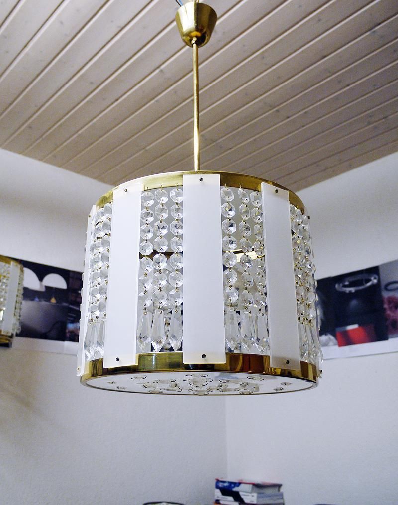 1960s Drum Chandelier Crystal, Brass And White Lucite In The Manner Of Stilnovo photo buy