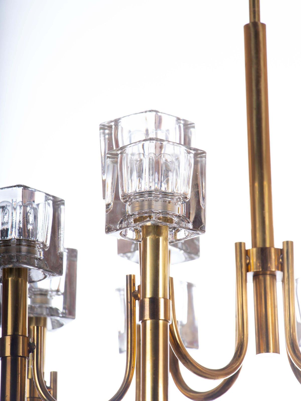 1970s Italy Sciolari Modernist Chandelier Twelve Cubist Glass & Brass photo vintage