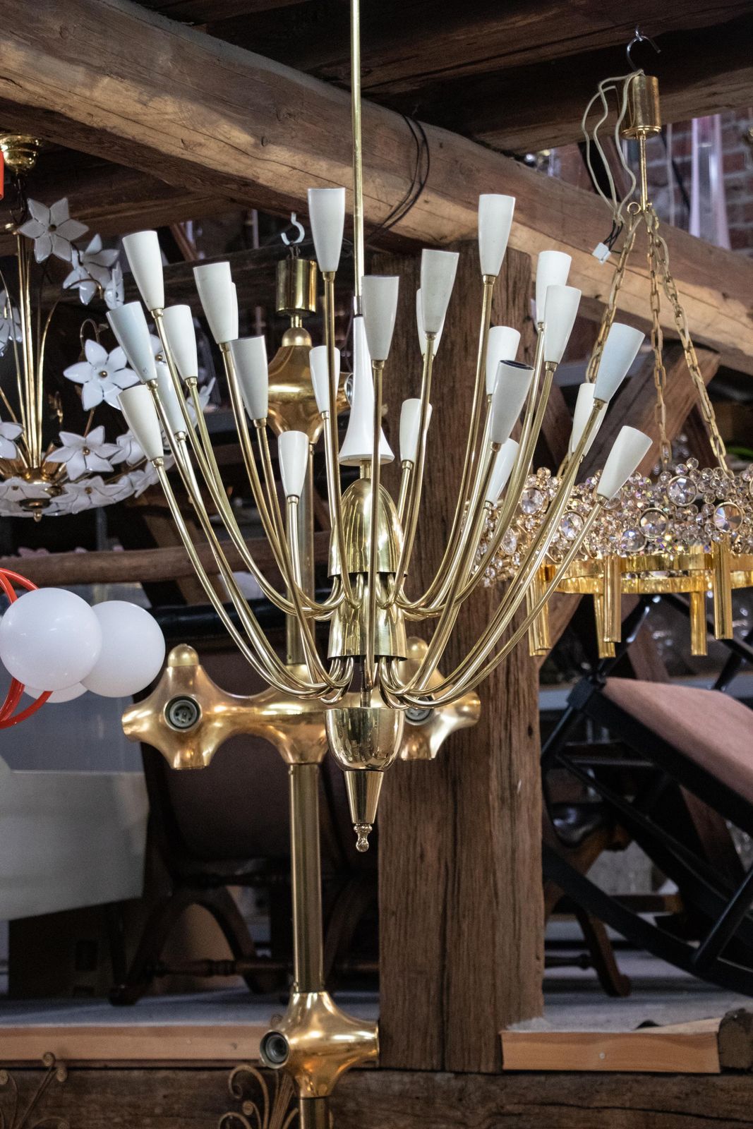 photo for sale Monumental 24" Sputnik Chandelier Enamel & Brass By Kalmar, Austria 1950