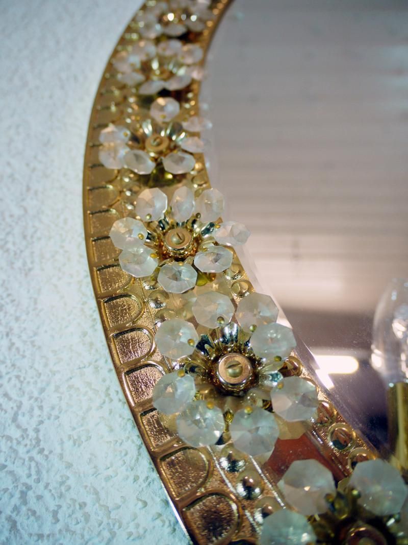 Illuminated Oval Mirror Crystal & Gilt Brass By Palwa, Germany 1960 photo vinterior