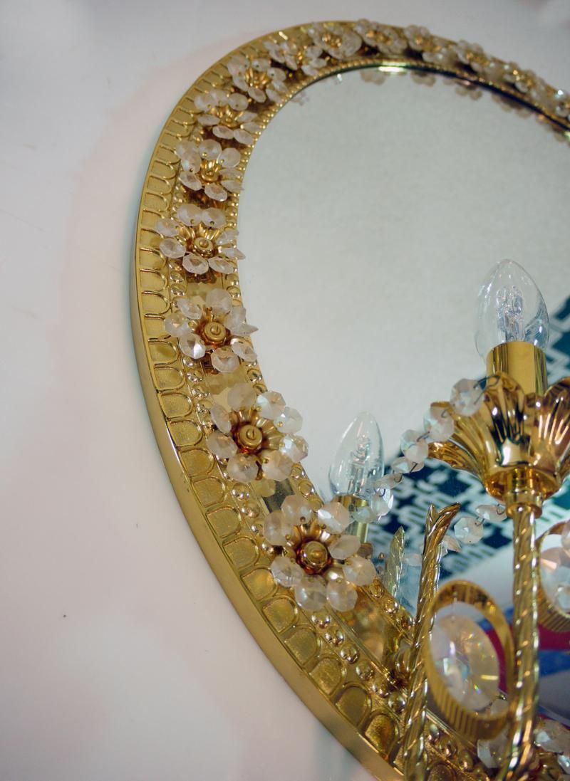 photo furniture Illuminated Oval Mirror Crystal & Gilt Brass By Palwa, Germany 1960