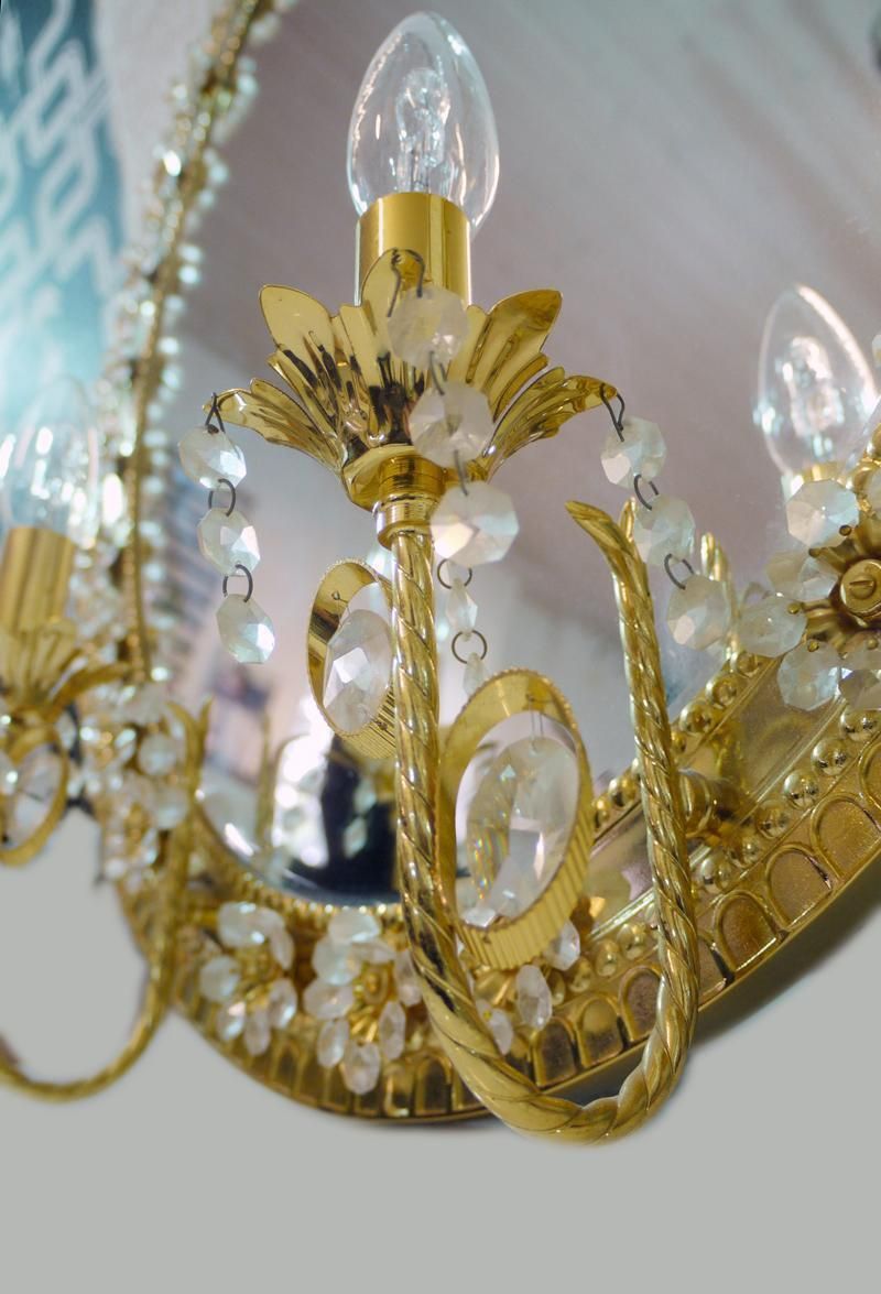 Home Decor Illuminated Oval Mirror Crystal & Gilt Brass By Palwa, Germany 1960 photo