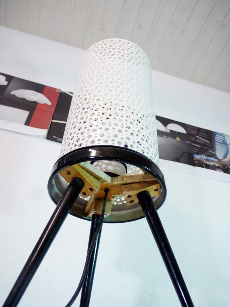 photo for sale 1950s Italy Perforated Metal Floor Lamp Black & White In The Manner Of Stilnovo