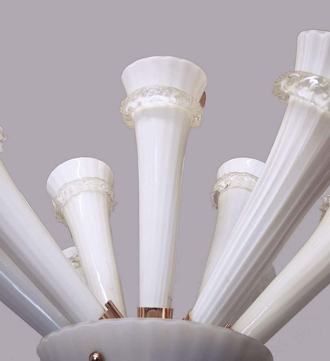 Venini Trumpet Chandelier Opaline Murano Glass & Brass, Italy 1960 photo vinterior