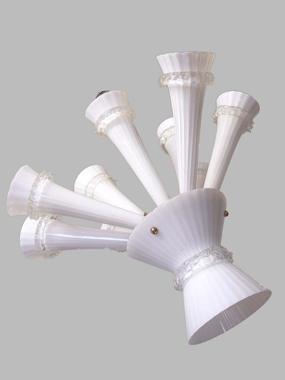 Venini Trumpet Chandelier Opaline Murano Glass & Brass, Italy 1960 photo vintage
