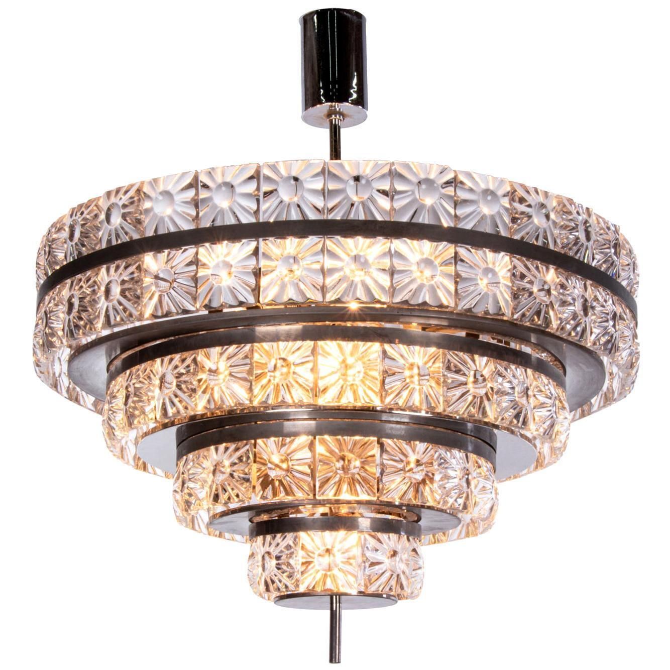 Carl Fagerlund 5 Tier 26" Lens Chandelier Crystal & Nickel, Orrefors Sweden 1960