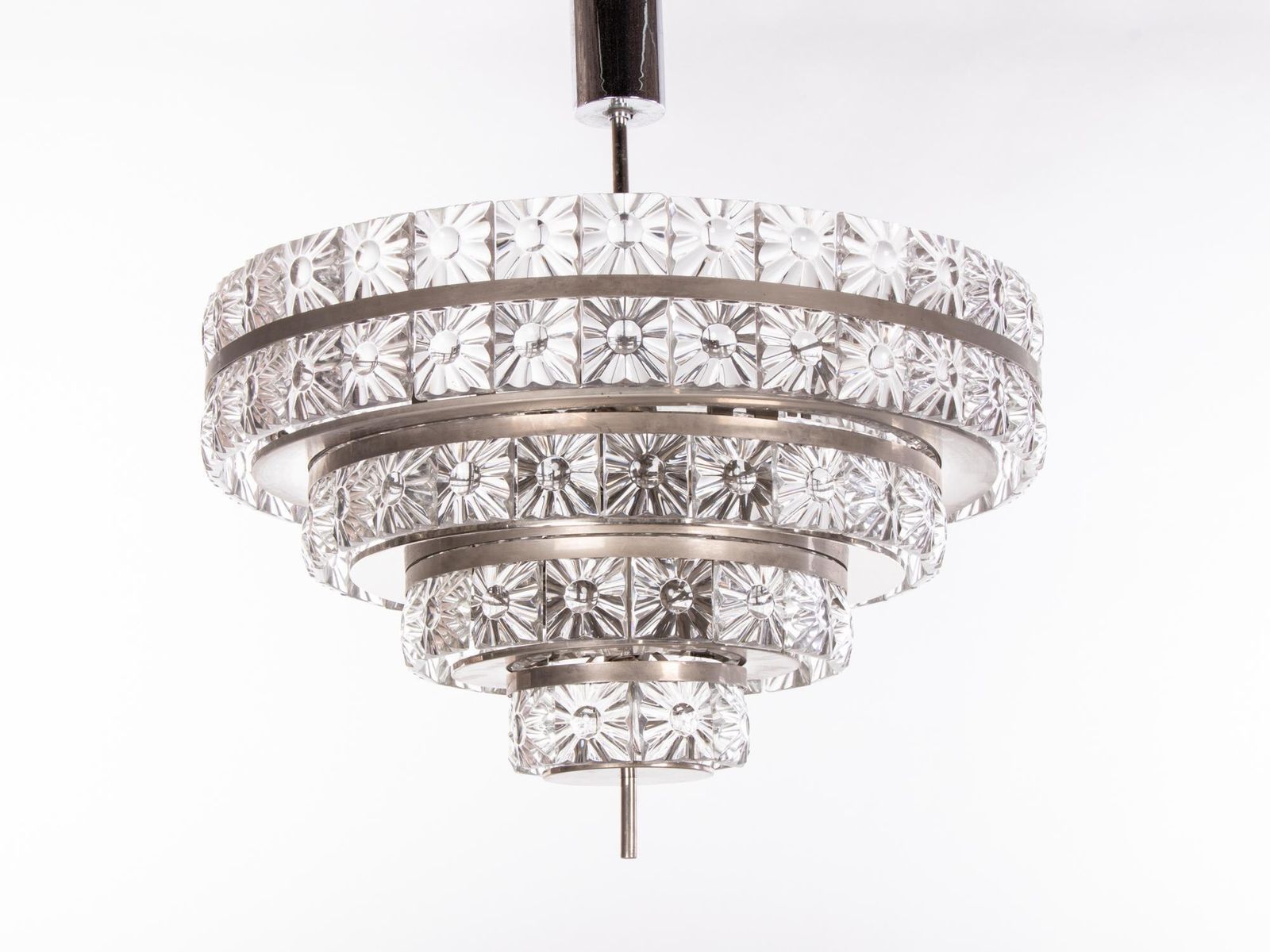 Carl Fagerlund 5 Tier 26" Lens Chandelier Crystal & Nickel, Orrefors Sweden 1960 photo furniture