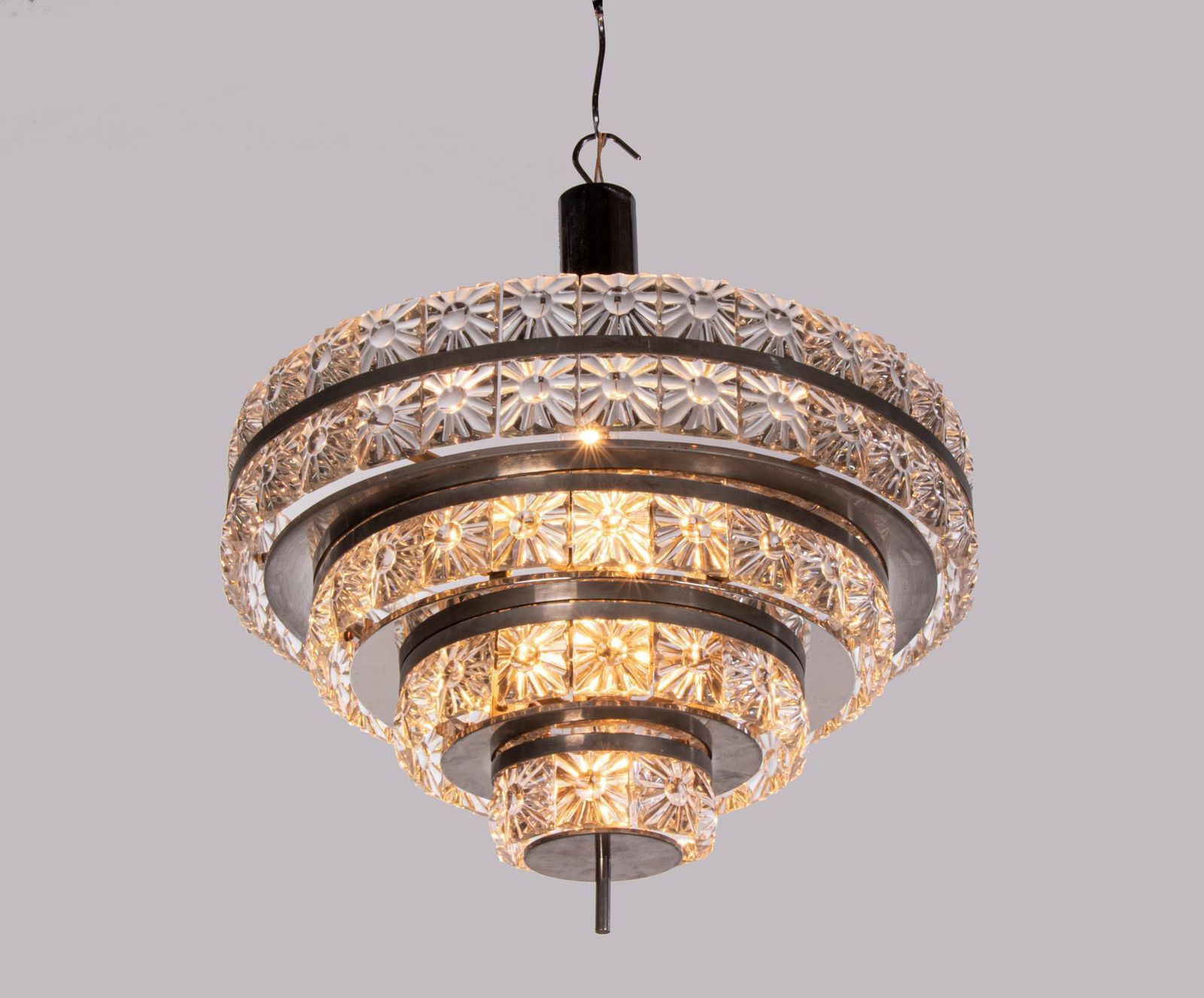 Carl Fagerlund 5 Tier 26" Lens Chandelier Crystal & Nickel, Orrefors Sweden 1960 photo buy