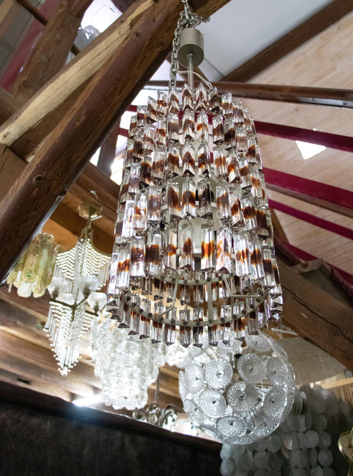 6571.0 1960 Mid Century Five Tier Chandelier 'Triedi' Amber Murano Glass Prisms photo