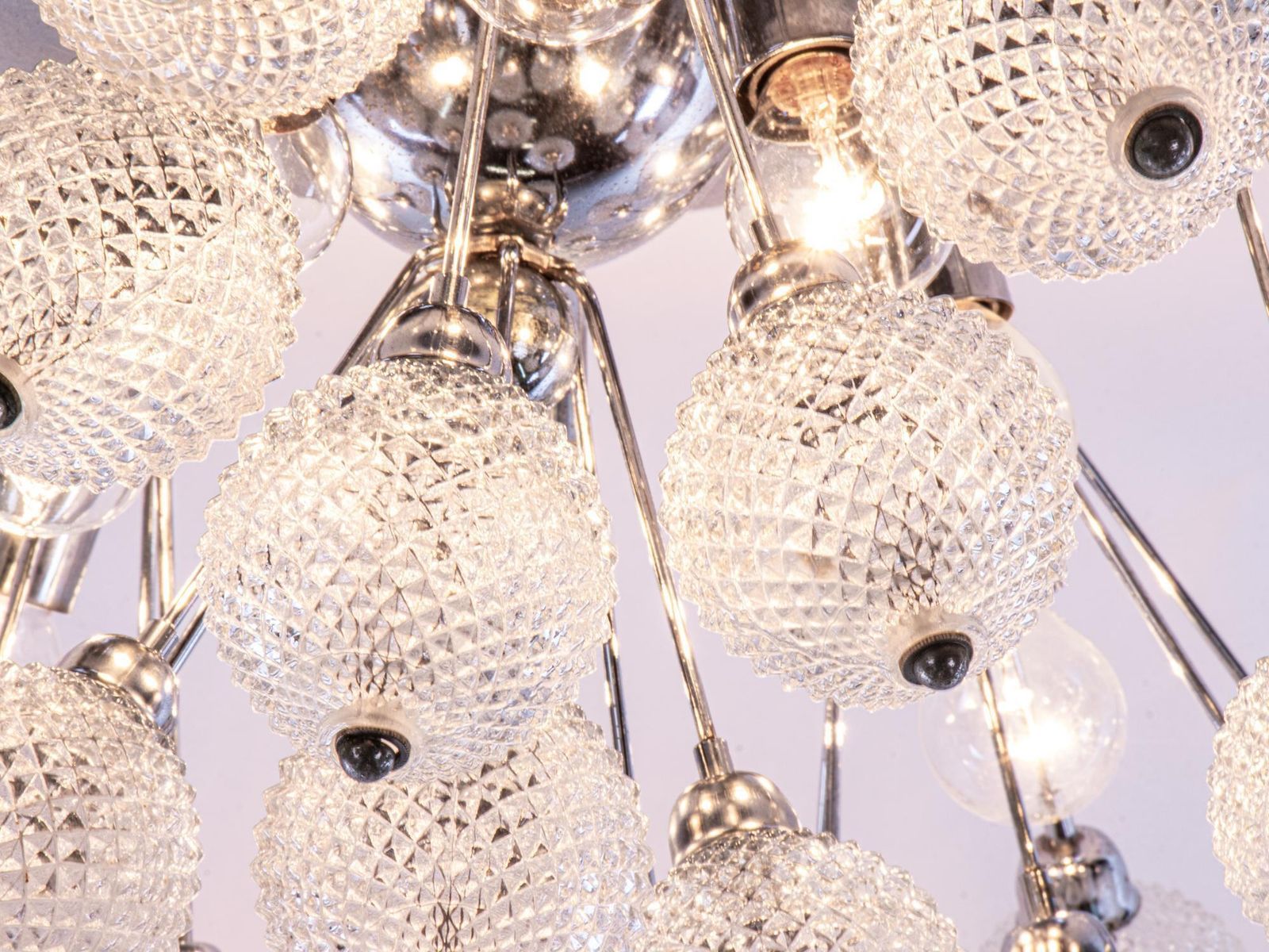 Starburst 27" Flush Mount Chandelier Crystal Glass & Chrome, Italy 1960 photo for sale