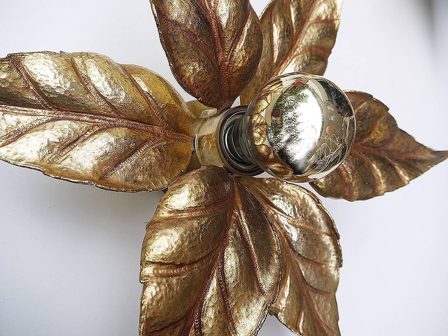 1 (Of 2) Pair Of 1970 Belgium Willy Daro Massive Wall Sconce Brass Leaves photo 889.0