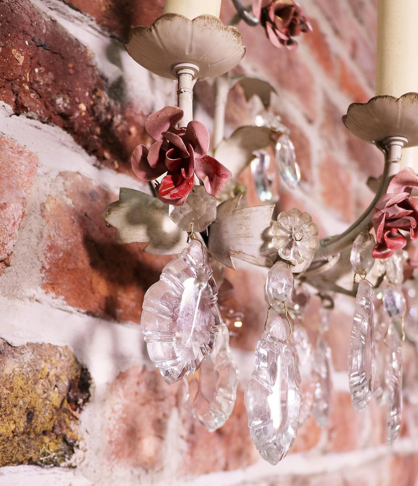Pair Of Italian Wall Sconces Painted Tole & Crystal, Italy, 1940s photo for sale
