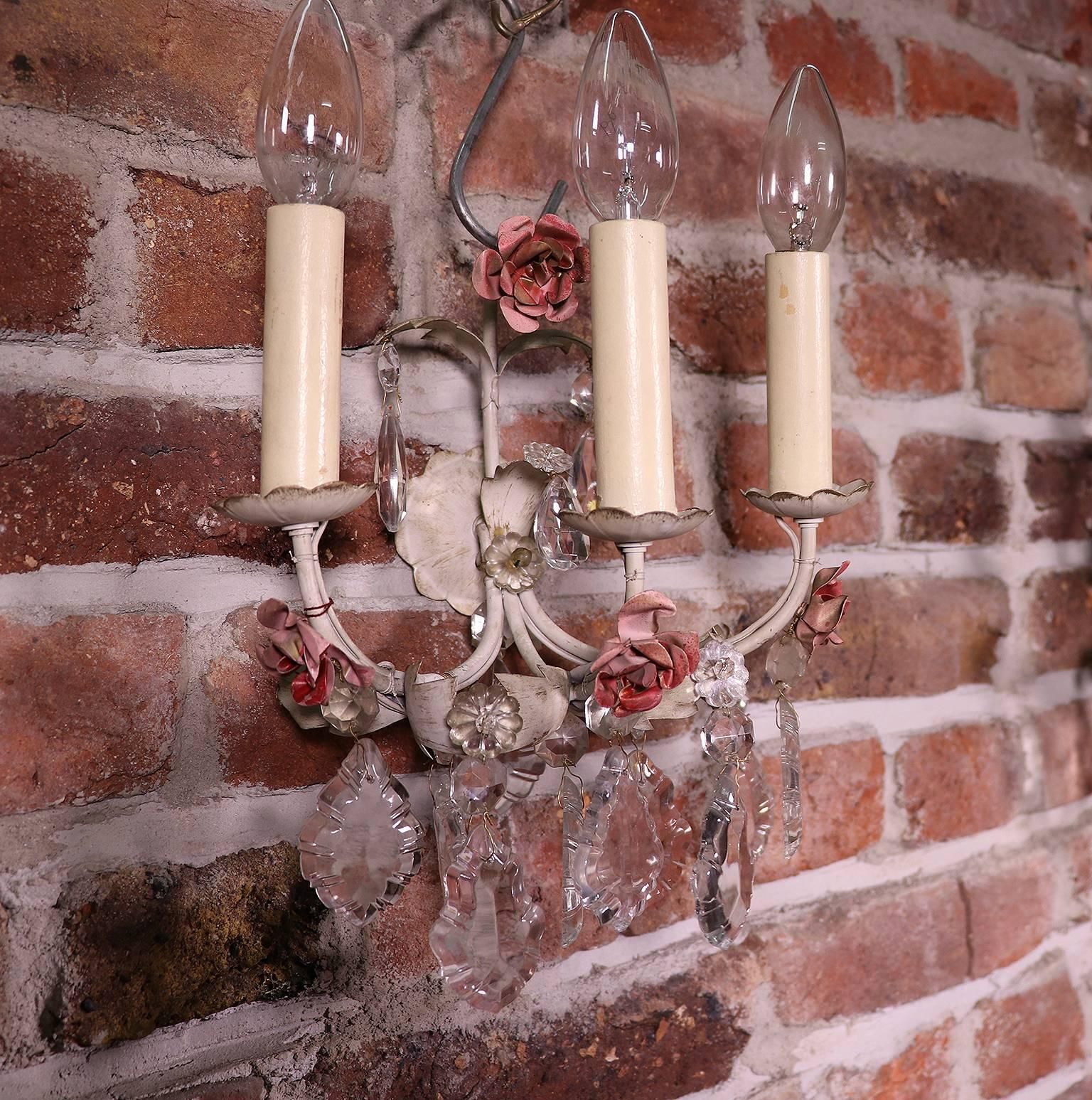 Pair Of Italian Wall Sconces Painted Tole & Crystal, Italy, 1940s photo Lighting