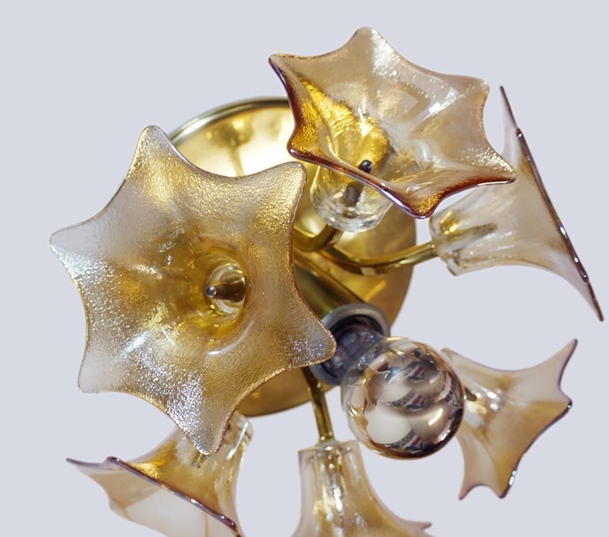 Amber Murano Sputnik Flower Flush Mount Iridescent Glass & Brass, Sische 1960 photo for sale
