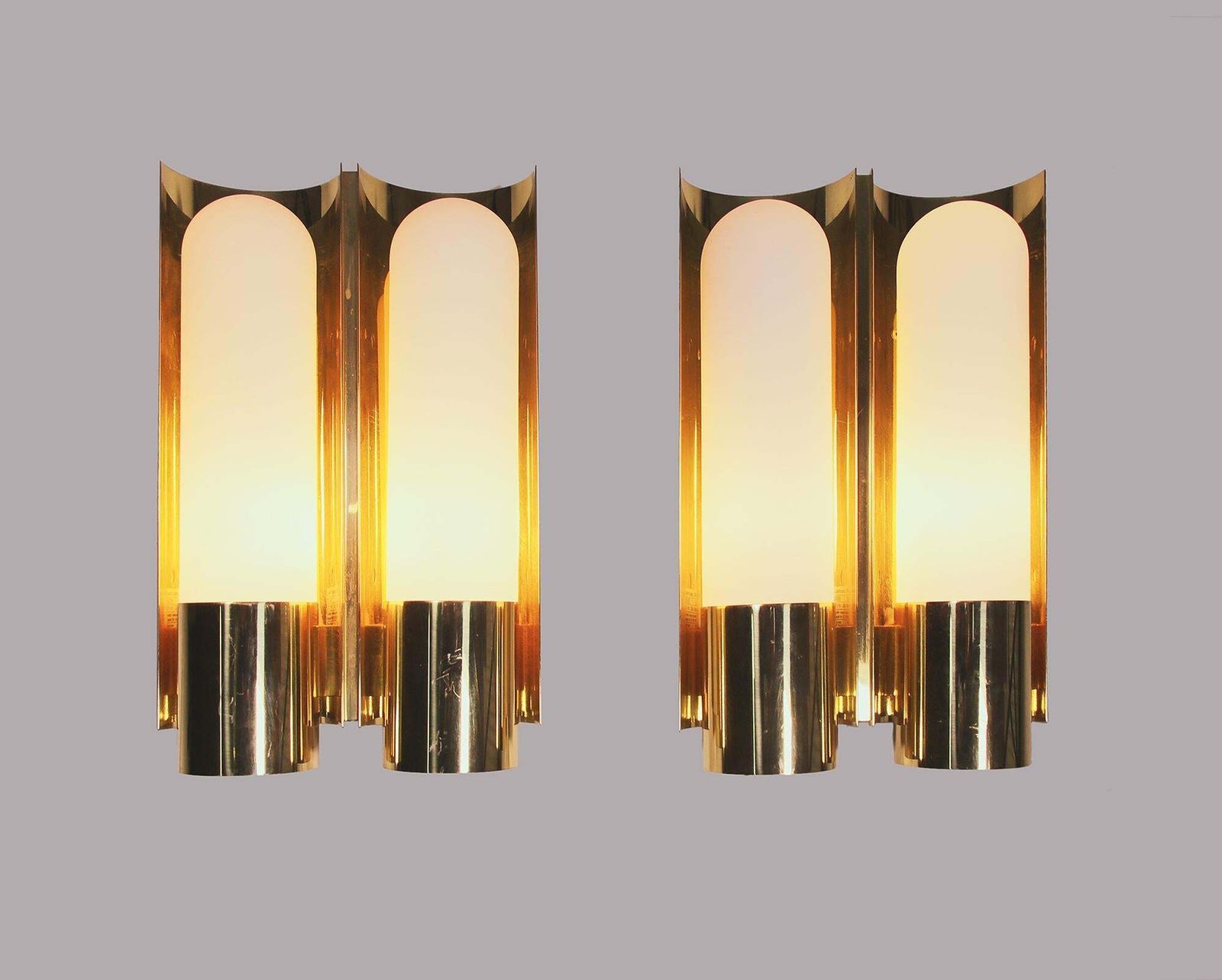 1 (Of 3) Pair Of 1970 Germany Limburg Double Wall Sconces Opaline Glass & Brass photo vinterior