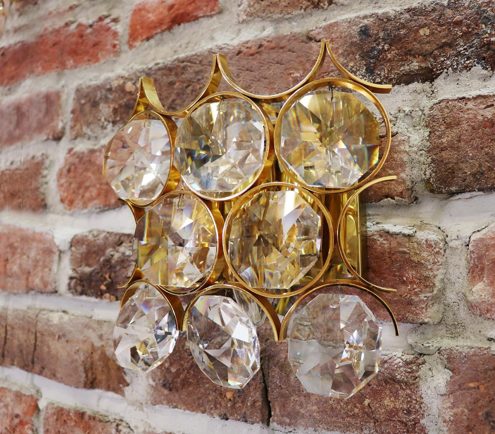 1960 German Palwa Pair Of Wall Sconces Crystal Glass & Gilt Brass photo for sale