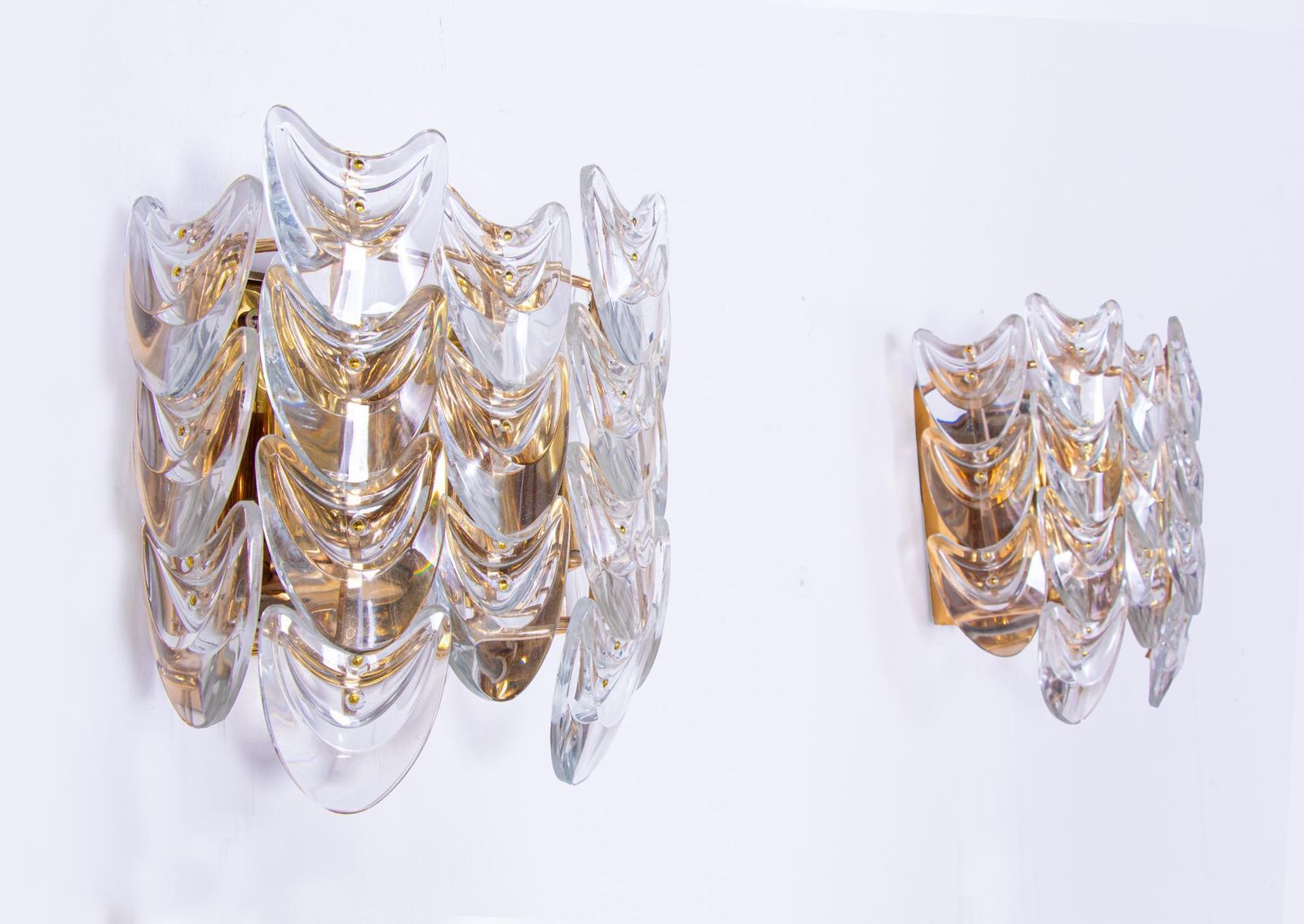 Set Of 2 1960 Germany Palwa Wall Sconces Crystal Glass & Gilt Brass photo for sale