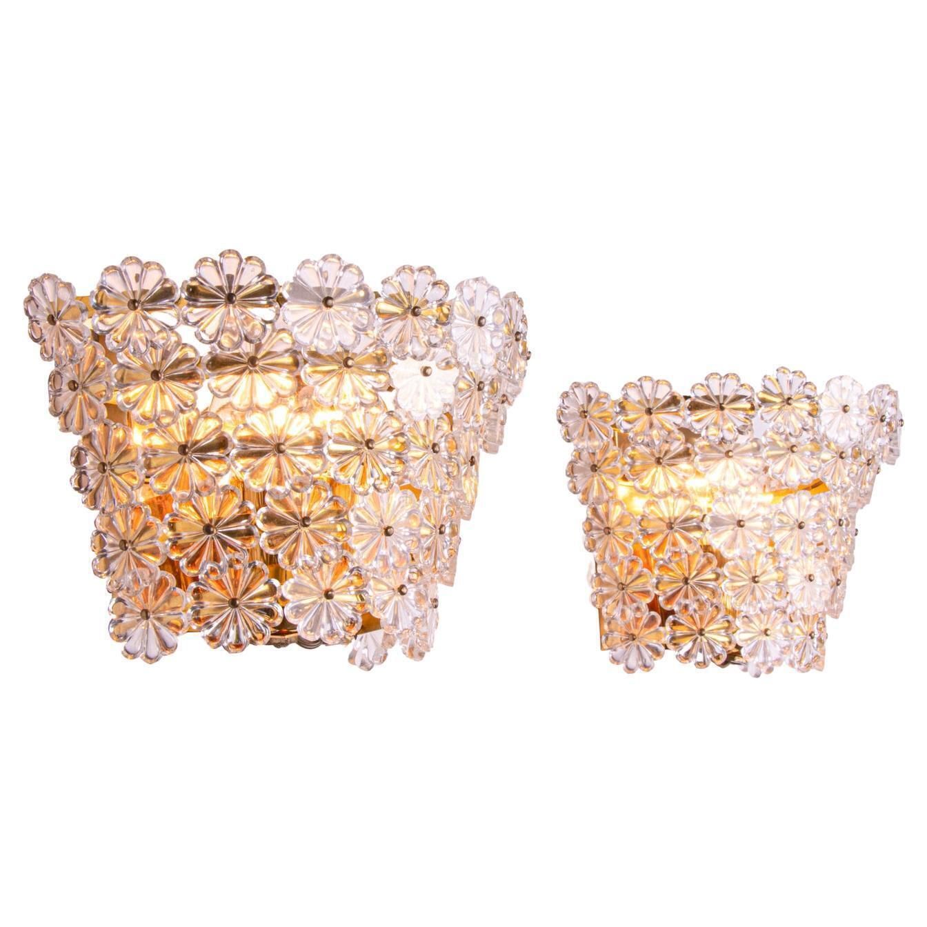 Pair Of Gold Plated Wall Sconces Brass & Crystal Glass By Emil Stejnar, Austria
