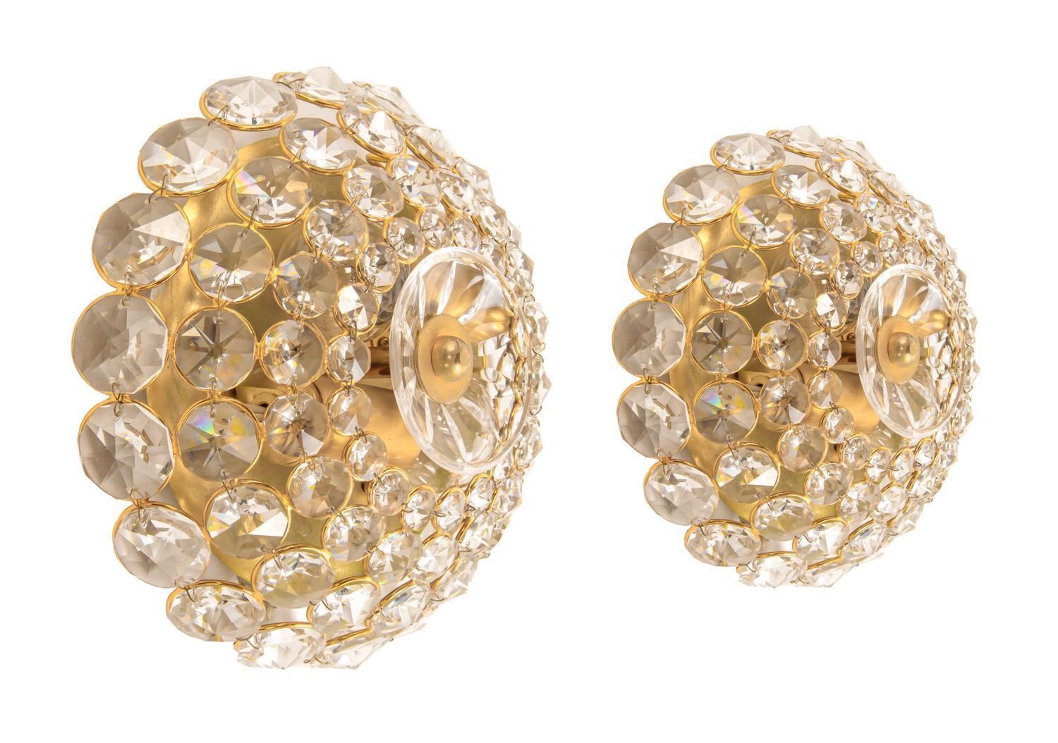 Pair Of Gold Plated Brass And Crystal Glass Wall Lamps Sconces By Palwa, 1960 photo furniture