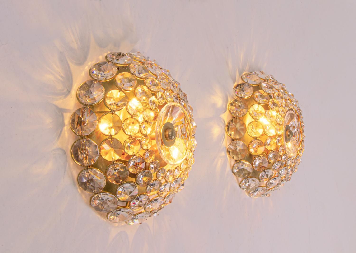 Pair Of Gold Plated Brass And Crystal Glass Wall Lamps Sconces By Palwa, 1960 photo buy
