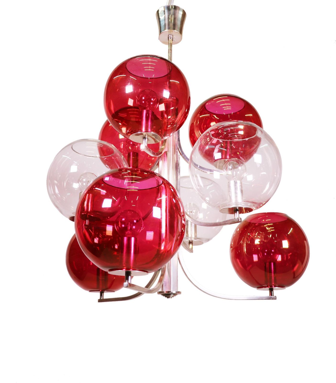 1960 Italy Sputnik Chandelier Cranberry Murano Glass Globes & Silver Plated photo furniture