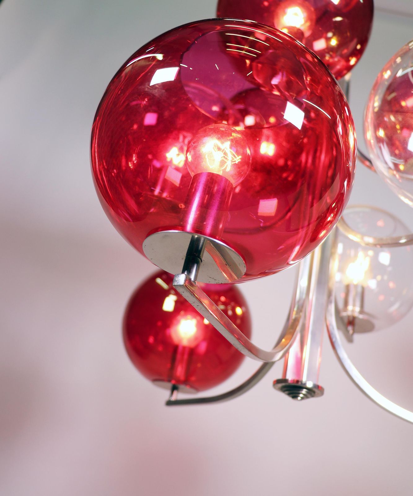1960 Italy Sputnik Chandelier Cranberry Murano Glass Globes & Silver Plated photo buy
