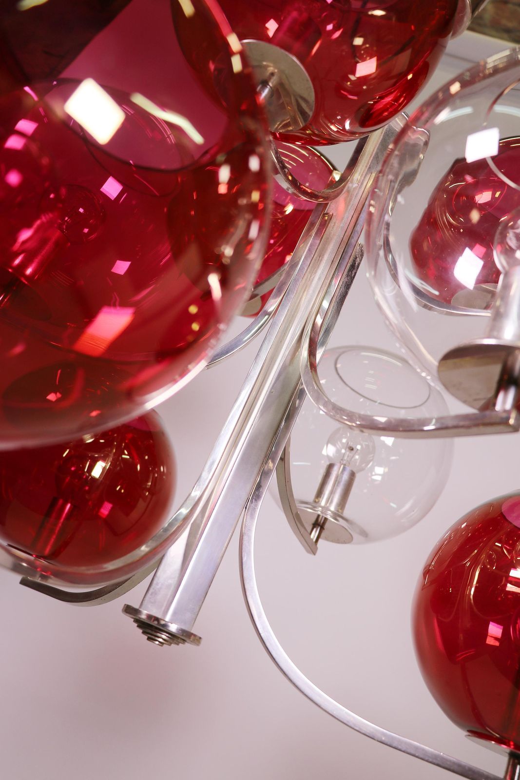 1960 Italy Sputnik Chandelier Cranberry Murano Glass Globes & Silver Plated photo vintage