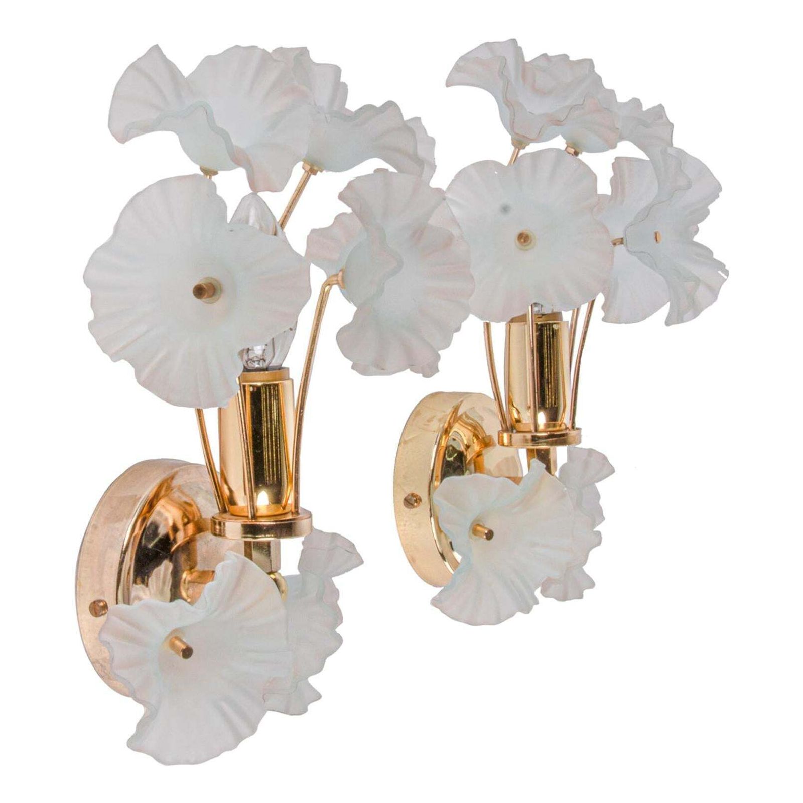 1 (Of 2) Pair Of 1970 Italy Hibiscus Brass Wall Sconces Turquoise Glass Flowers