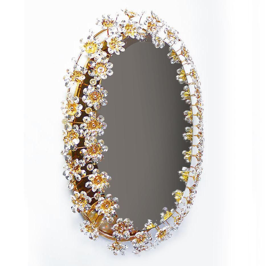 photo furniture 1960, Germany, Palwa Oval Backlit Mirror Crystal & Gilt Brass By Christoph Palme