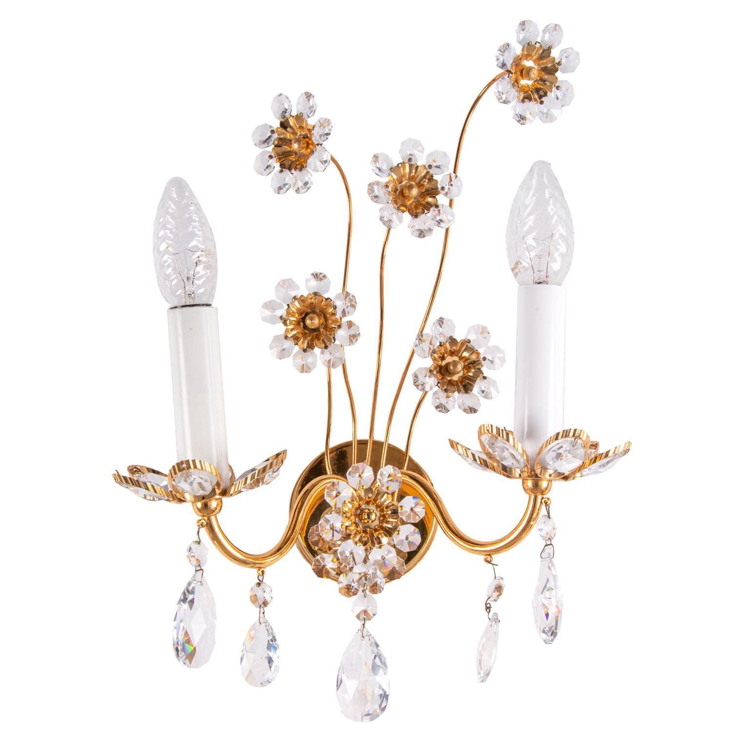 Pair Of Flourish Jewel Wall Sconces Crystal & Gilt Brass By Palwa, Germany 1960s photo for sale