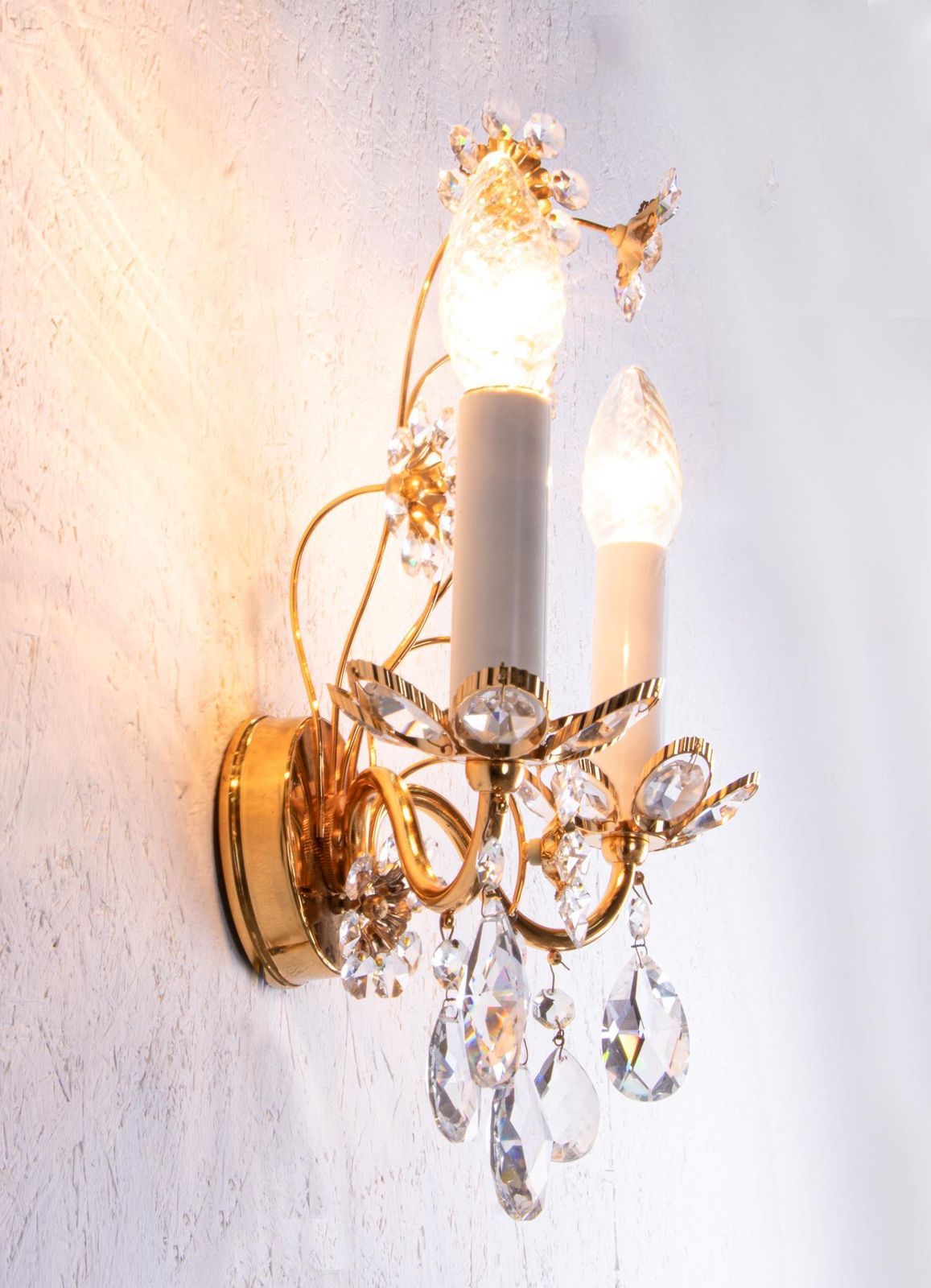 Pair Of Flourish Jewel Wall Sconces Crystal & Gilt Brass By Palwa, Germany 1960s photo Lighting