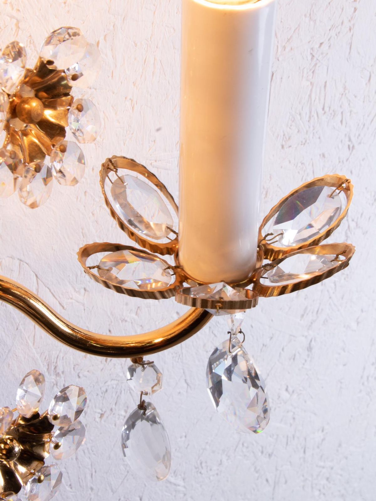 Pair Of Flourish Jewel Wall Sconces Crystal & Gilt Brass By Palwa, Germany 1960s photo vintage