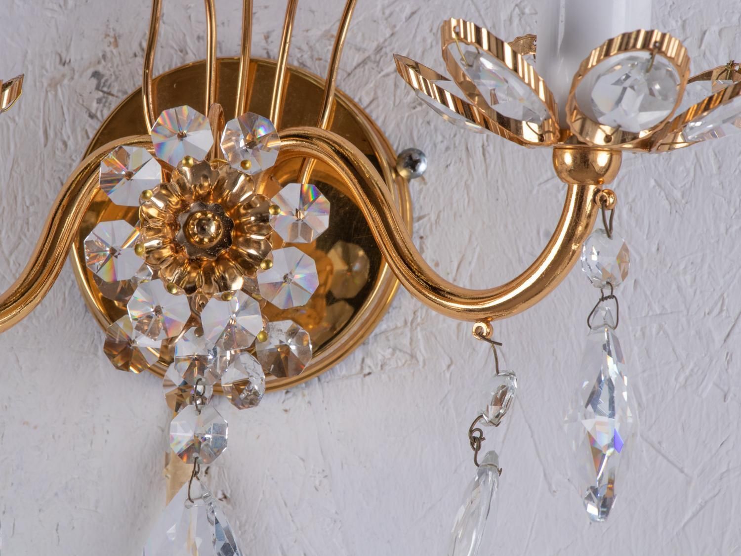 photo for sale Pair Of Flourish Jewel Wall Sconces Crystal & Gilt Brass By Palwa, Germany 1960s