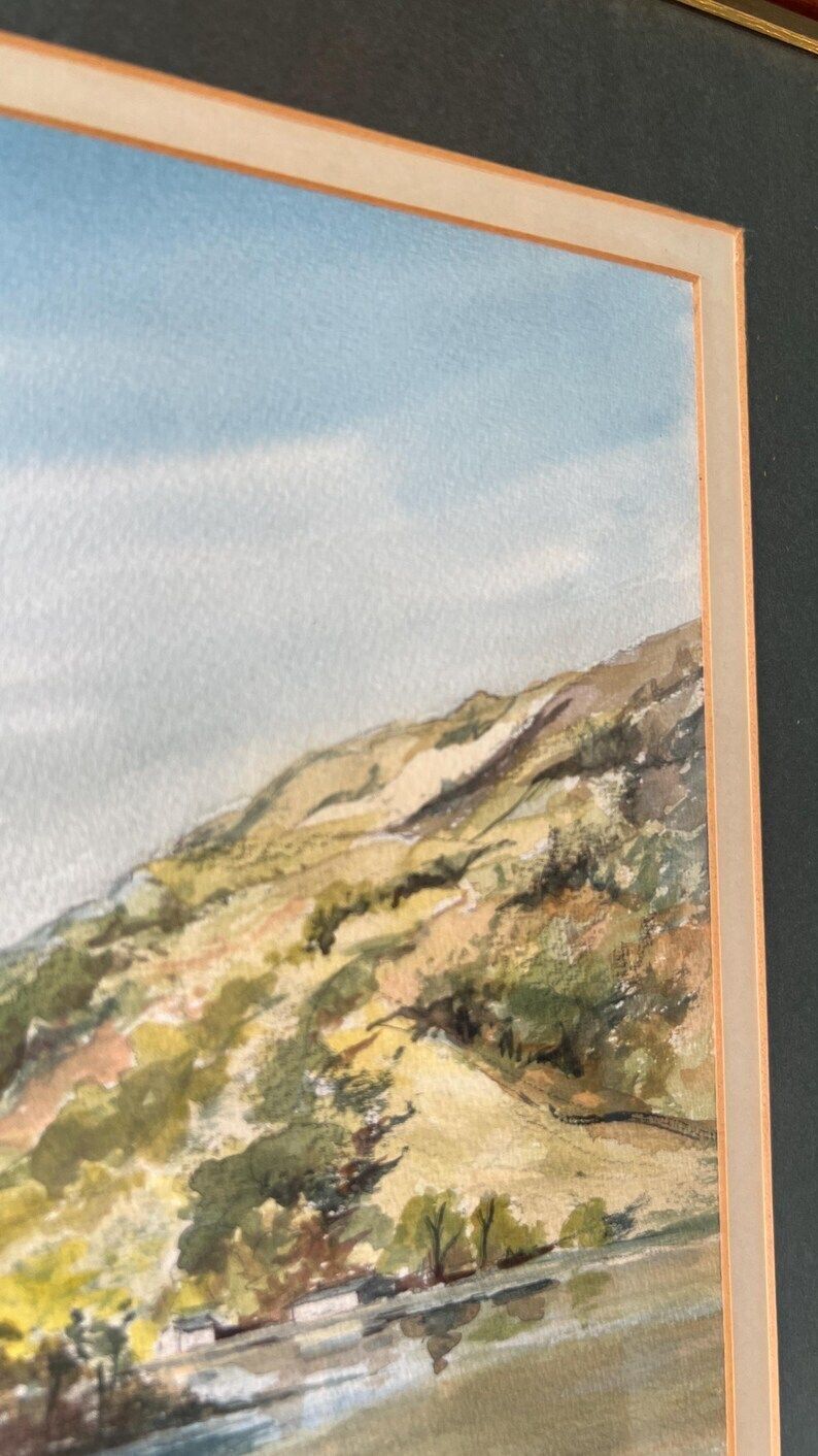 Framed Mid Century Watercolour Painting – Tranquil Lake & Mountain Landscape photo buy