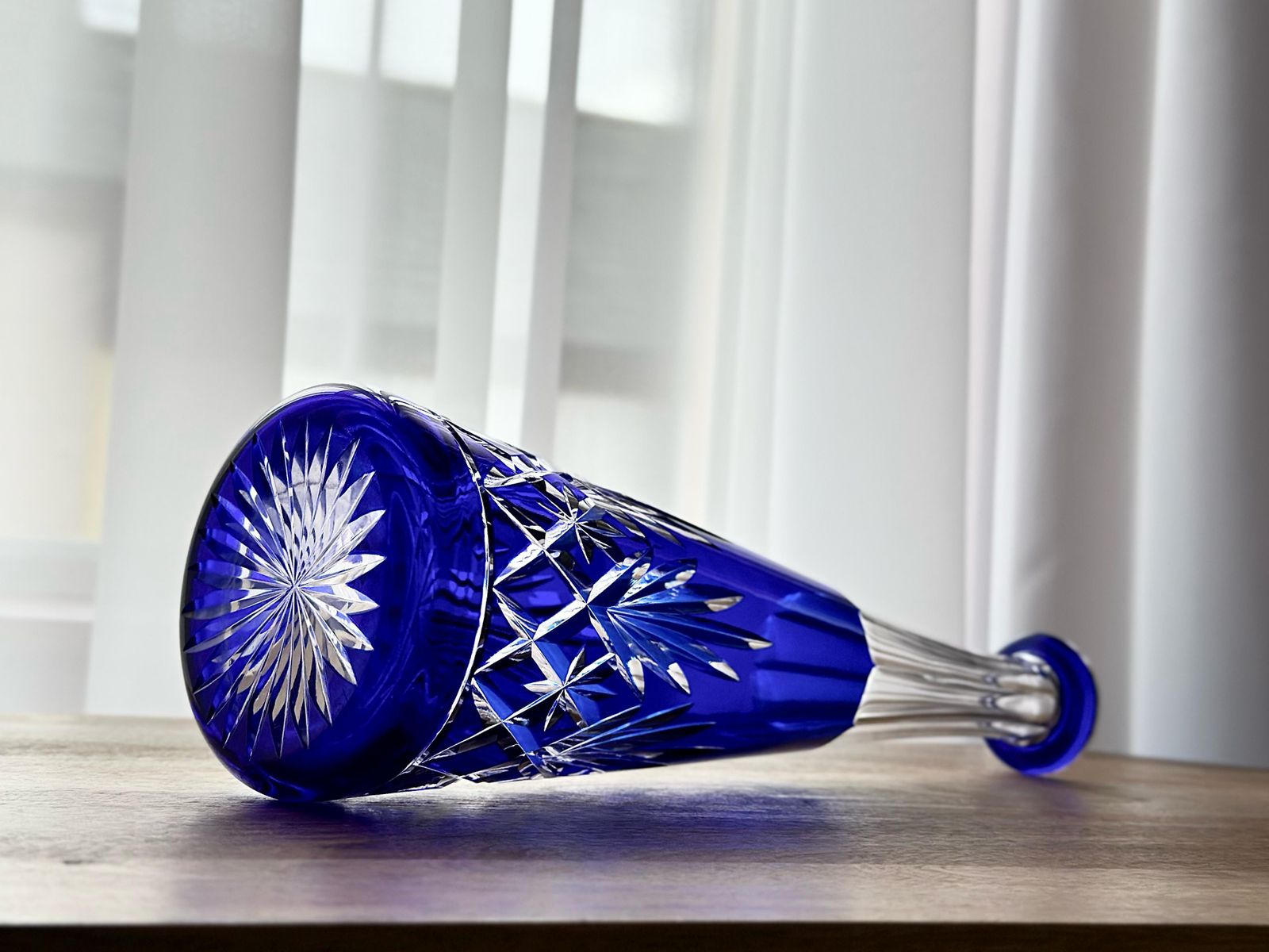 Pair Of St Louis Massenet Cut Crystal Decanters, Blue Overlay Glass, Vintage French Barware, 41 Cm Tall, Elegant Liquor Bottles (Not Signed) photo vinterior